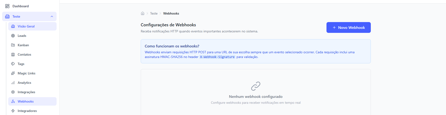 Seção de configuração de webhook
