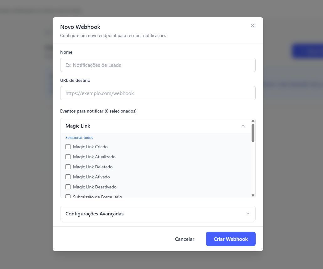 Configuração da URL do webhook